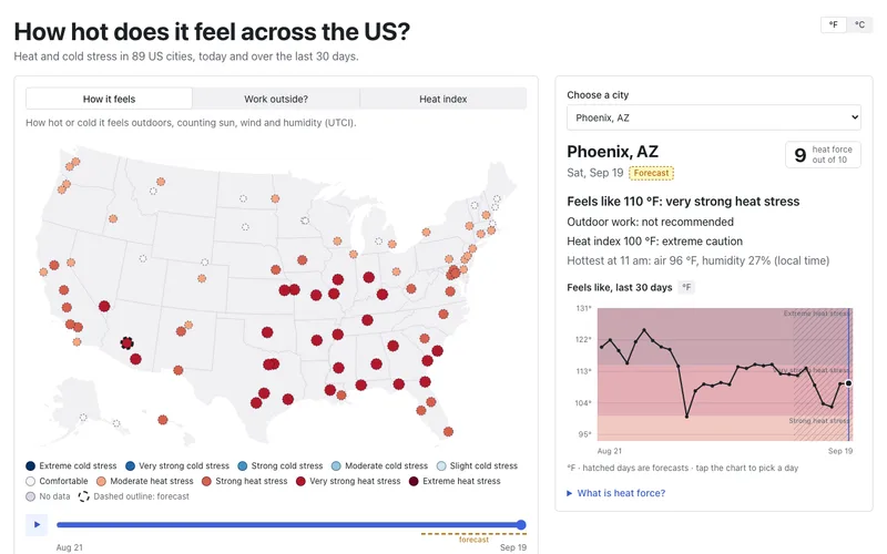 A map of the United States with 89 cities coloured by how hot it feels, beside a panel of detail for one city.